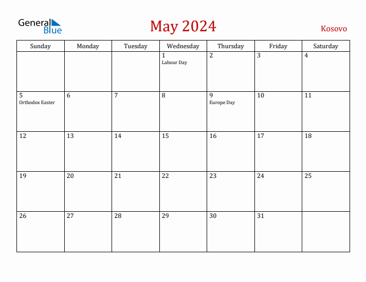 Kosovo May 2024 Calendar - Sunday Start