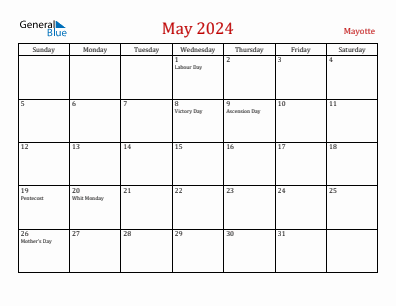 Current month calendar with Mayotte holidays for May 2024