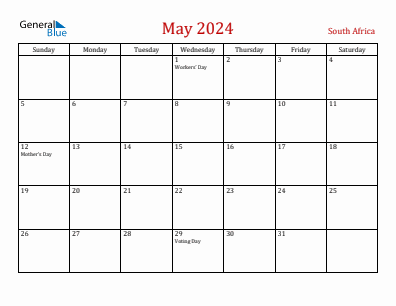 Current month calendar with South Africa holidays for May 2024