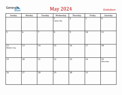 Current month calendar with Zimbabwe holidays for May 2024