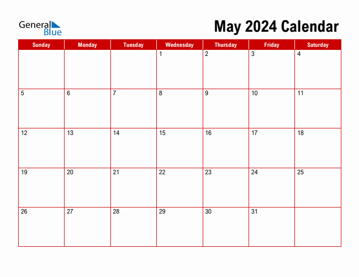 Simple Monthly Calendar - May 2024
