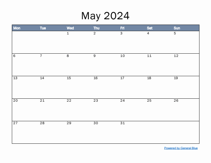May 2024 Monthly Calendar Templates with Monday start