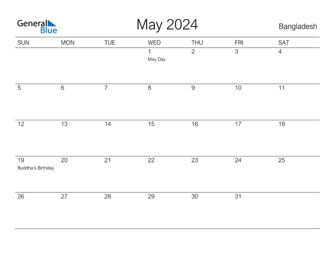 Printable May 2024 Calendar for Bangladesh