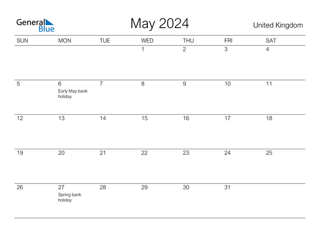 United Kingdom May 2024 Calendar with Holidays