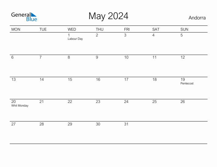 Printable May 2024 Calendar for Andorra