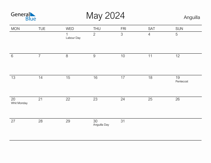 Printable May 2024 Calendar for Anguilla