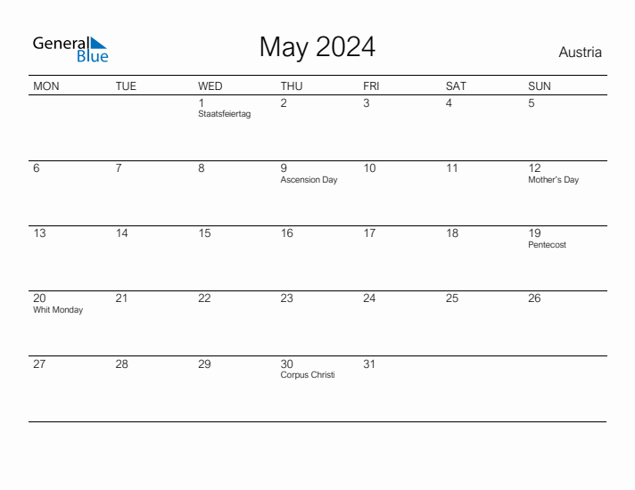 Printable May 2024 Calendar for Austria