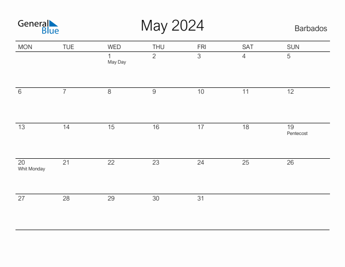 Printable May 2024 Calendar for Barbados