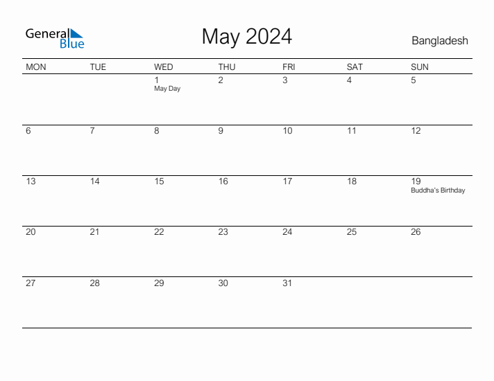 Printable May 2024 Calendar for Bangladesh