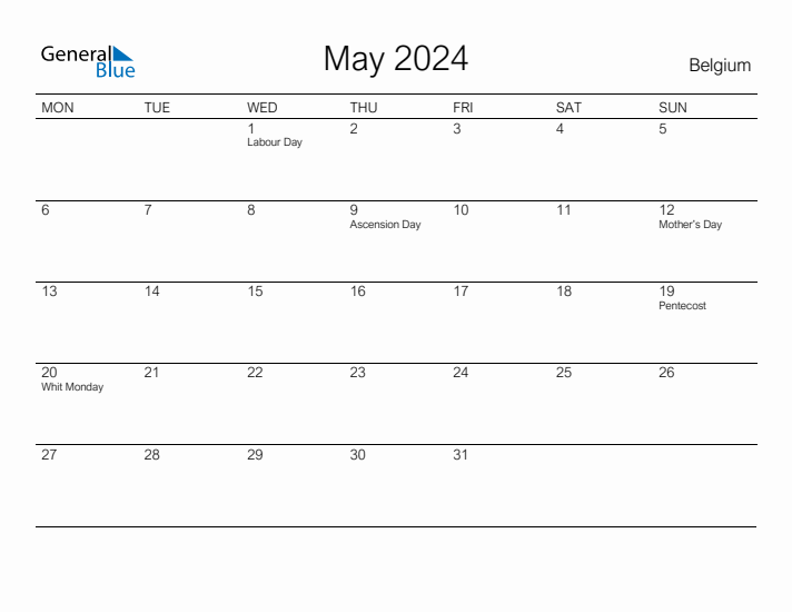 Printable May 2024 Calendar for Belgium