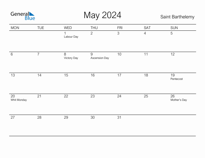 Printable May 2024 Calendar for Saint Barthelemy