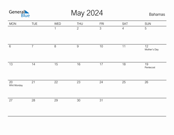 Printable May 2024 Calendar for Bahamas