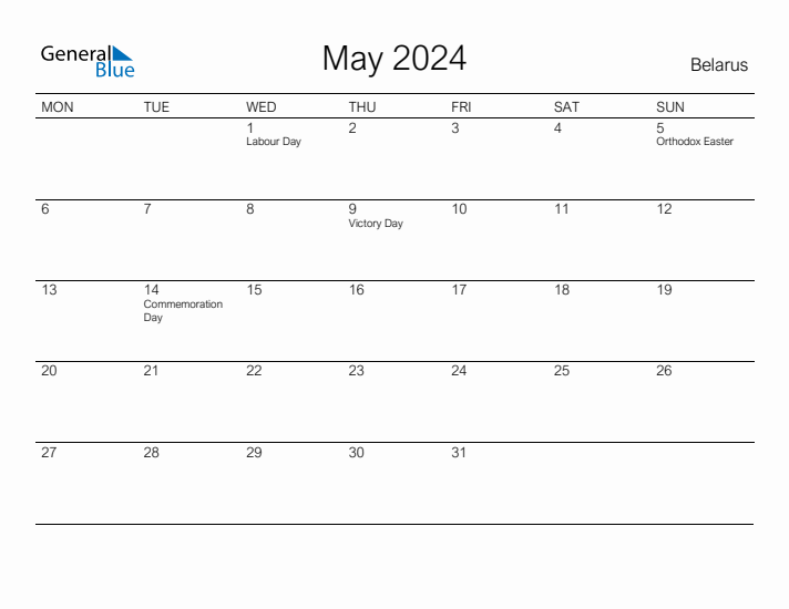 Printable May 2024 Calendar for Belarus