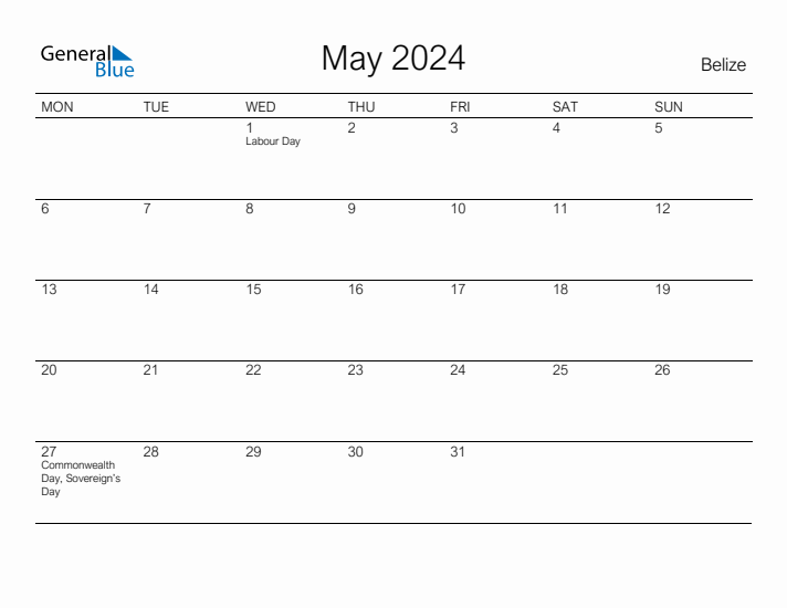 Printable May 2024 Calendar for Belize