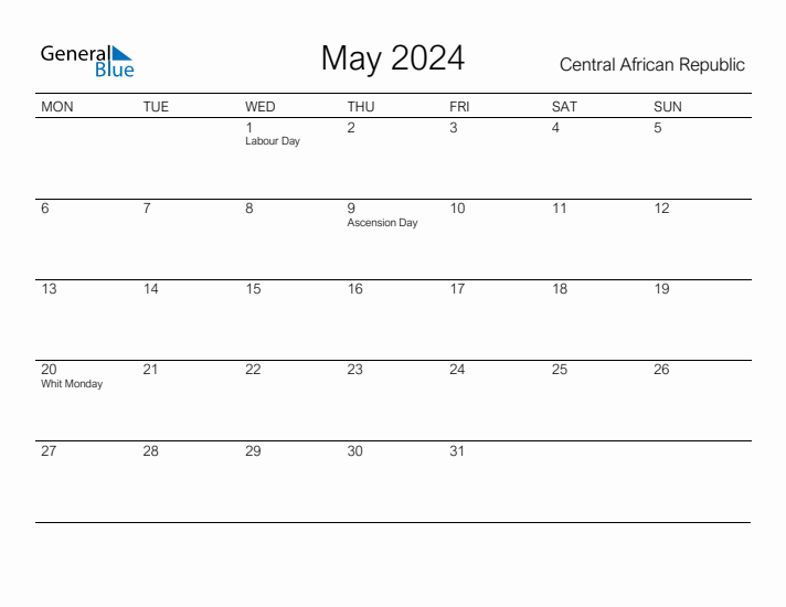 Printable May 2024 Calendar for Central African Republic
