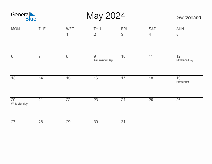 Printable May 2024 Calendar for Switzerland