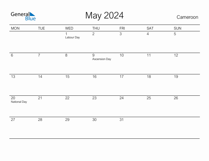Printable May 2024 Calendar for Cameroon