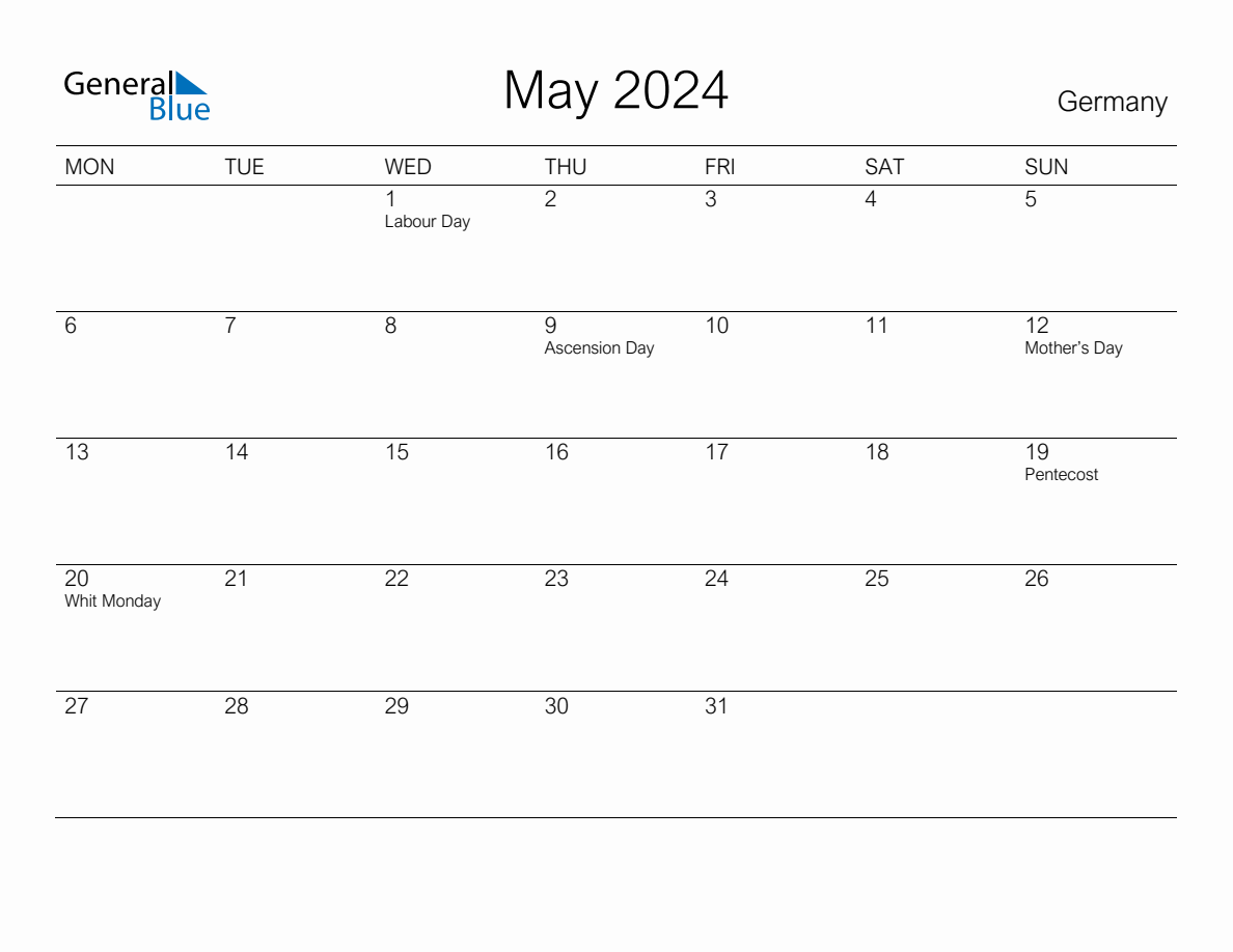 Printable May 2024 Monthly Calendar with Holidays for Germany