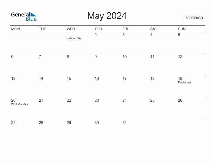 Printable May 2024 Calendar for Dominica
