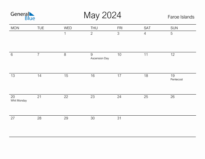 Printable May 2024 Calendar for Faroe Islands