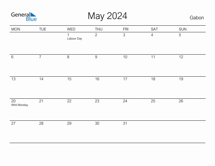 Printable May 2024 Calendar for Gabon