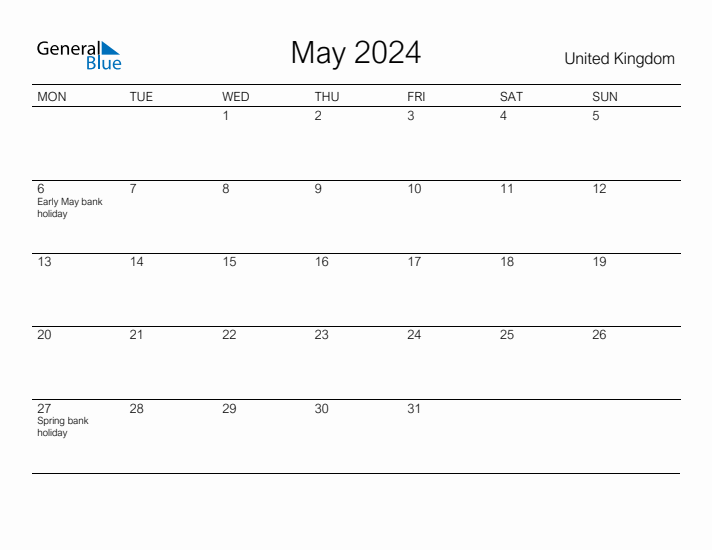 Printable May 2024 Monthly Calendar with Holidays for United Kingdom