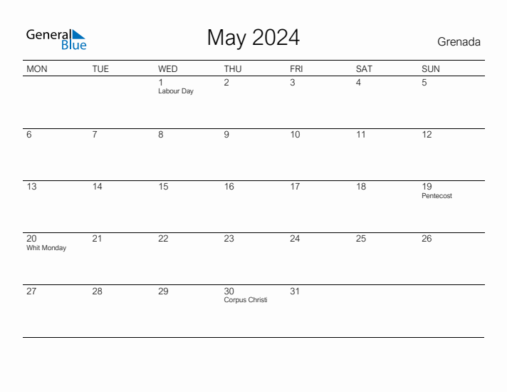 Printable May 2024 Calendar for Grenada