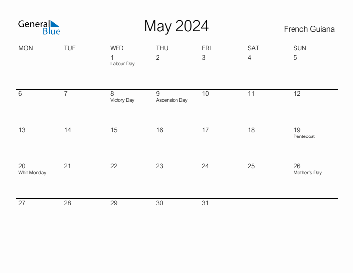 Printable May 2024 Calendar for French Guiana