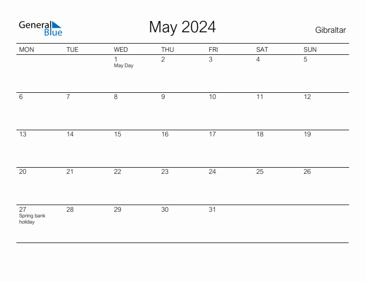 Printable May 2024 Calendar for Gibraltar
