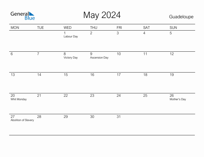 Printable May 2024 Calendar for Guadeloupe
