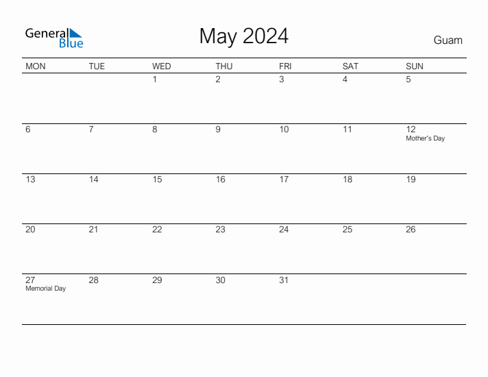 Printable May 2024 Calendar for Guam