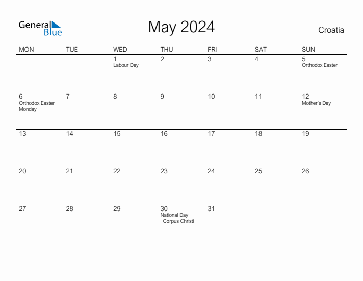 Printable May 2024 Calendar for Croatia