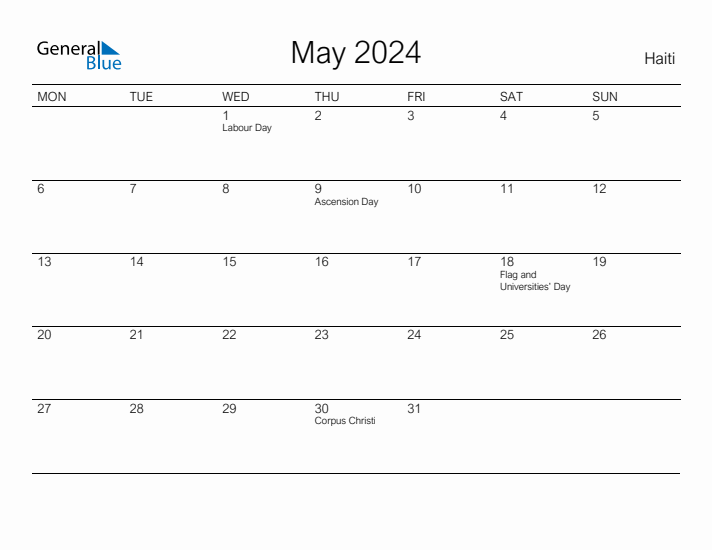 Printable May 2024 Calendar for Haiti