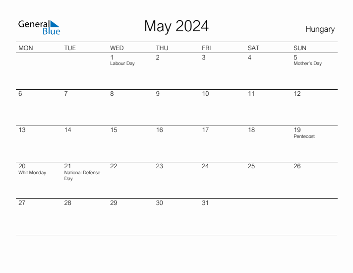 Printable May 2024 Calendar for Hungary