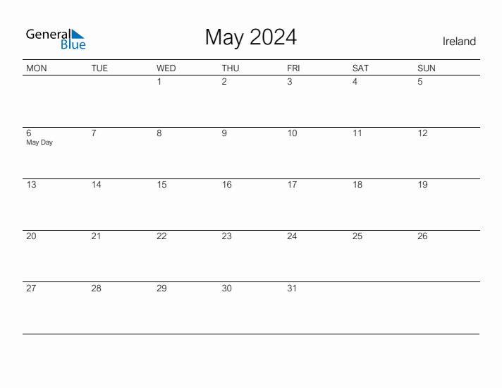 Printable May 2024 Calendar for Ireland