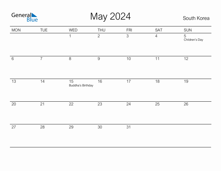 Printable May 2024 Calendar for South Korea