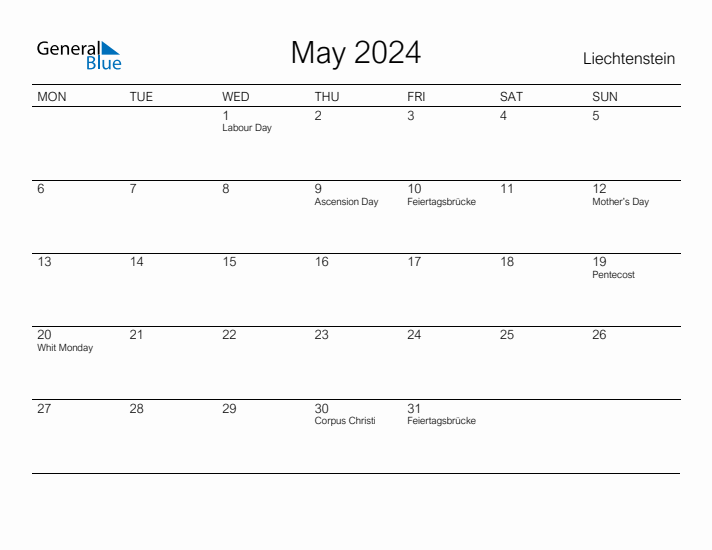 Printable May 2024 Calendar for Liechtenstein