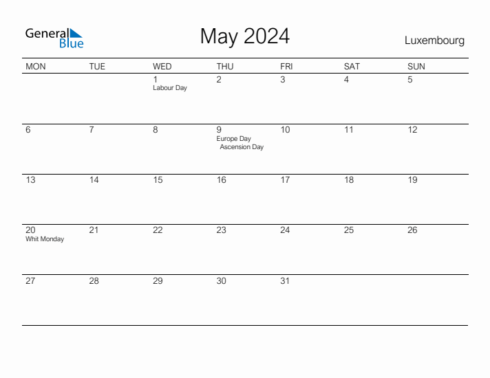 Printable May 2024 Calendar for Luxembourg