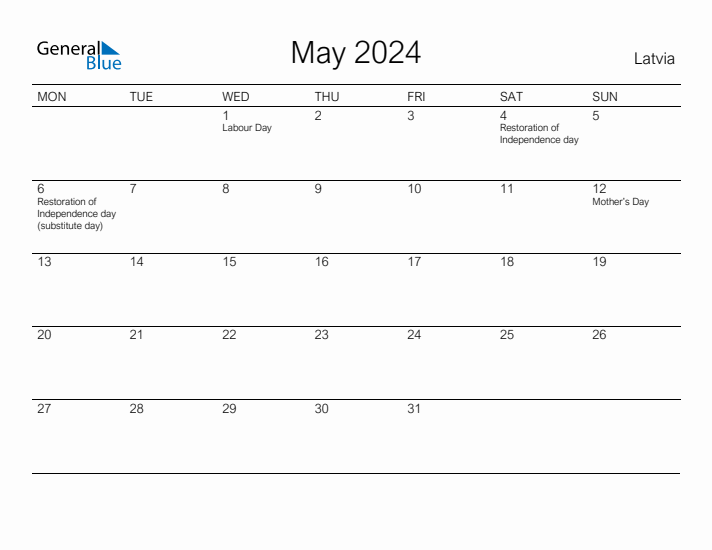 Printable May 2024 Calendar for Latvia