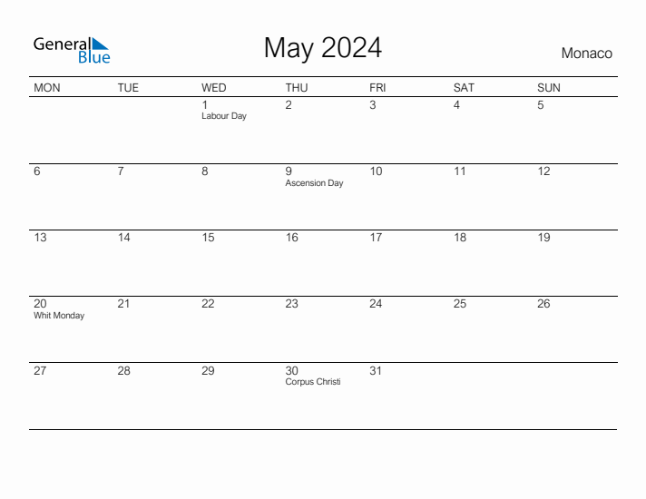 Printable May 2024 Calendar for Monaco