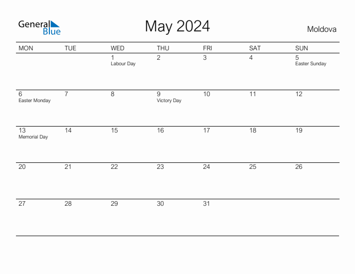 Printable May 2024 Calendar for Moldova