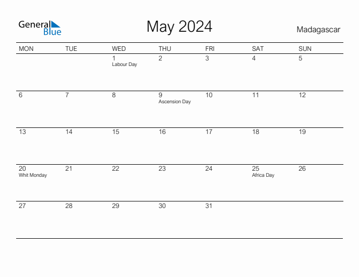 Printable May 2024 Calendar for Madagascar