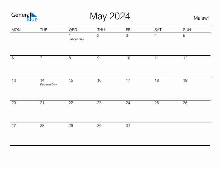 Printable May 2024 Calendar for Malawi