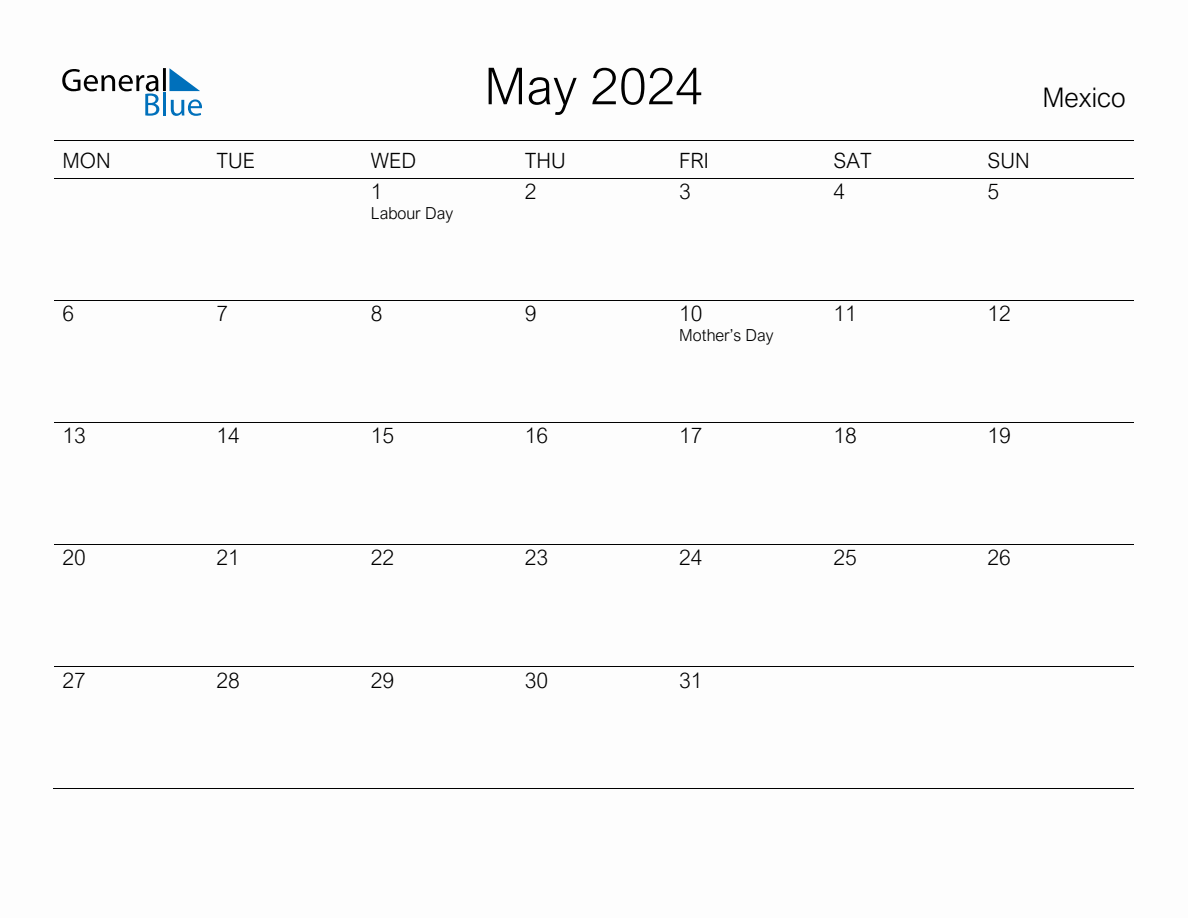 Printable May 2024 Monthly Calendar with Holidays for Mexico