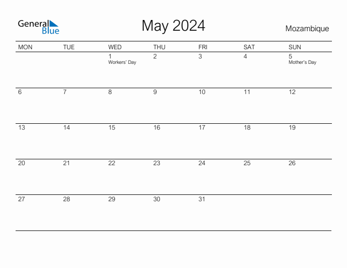 Printable May 2024 Calendar for Mozambique