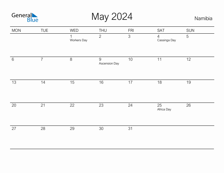 Printable May 2024 Calendar for Namibia