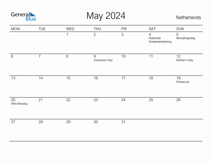 Printable May 2024 Calendar for The Netherlands