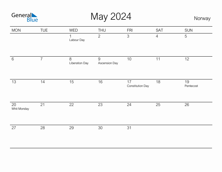 Printable May 2024 Calendar for Norway