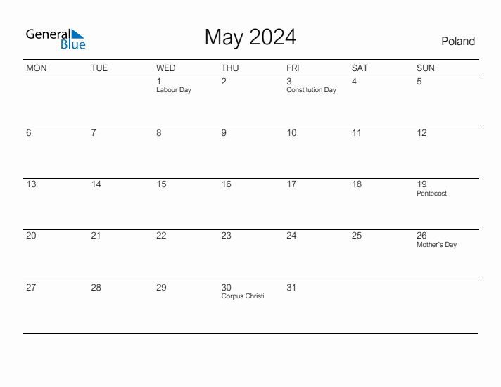 Printable May 2024 Calendar for Poland