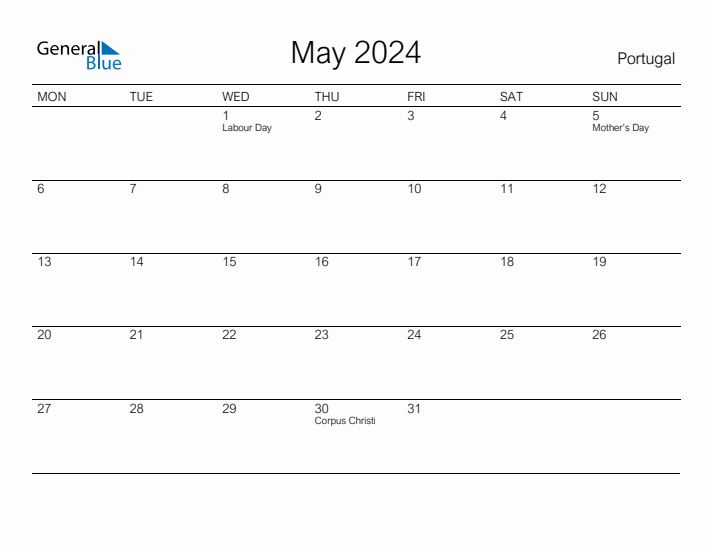 Printable May 2024 Monthly Calendar with Holidays for Portugal